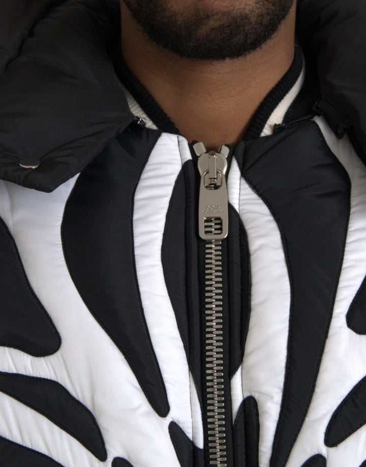 Black and white striped hooded puffer jacket