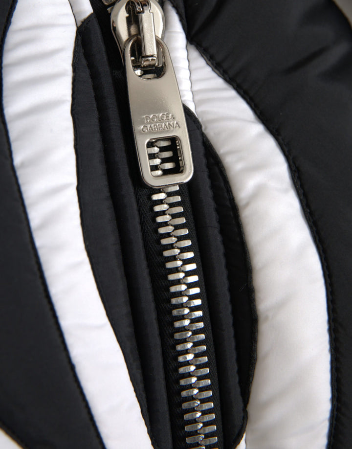 Black and white striped hooded puffer jacket