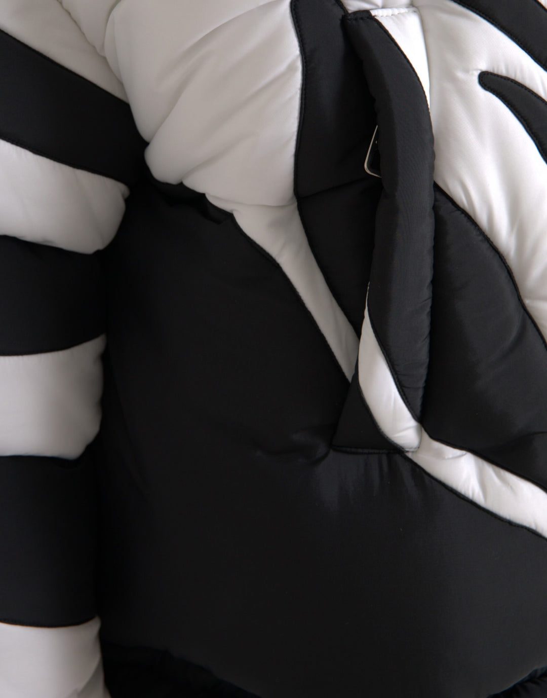 Black and white striped hooded puffer jacket