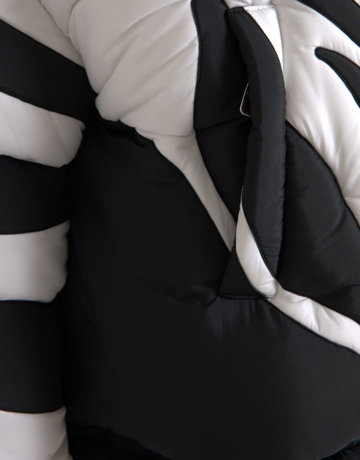 Black and white striped hooded puffer jacket