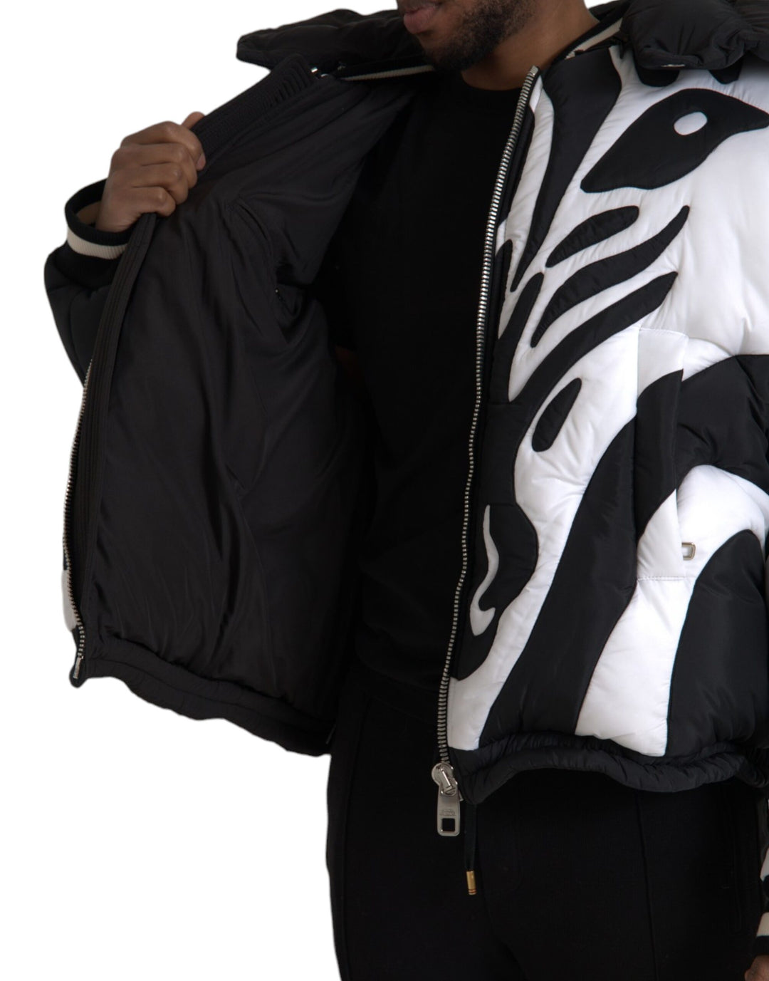 Black and white striped hooded puffer jacket
