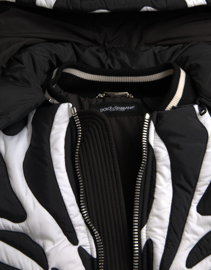 Black and white striped hooded puffer jacket