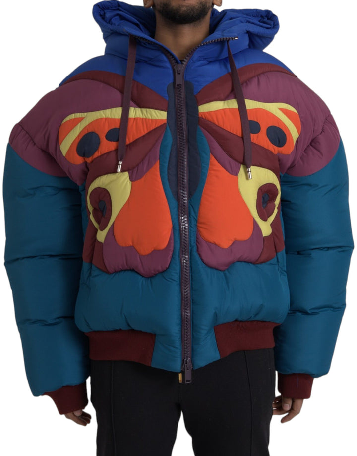 Multicolor butterfly hooded puffer jacket