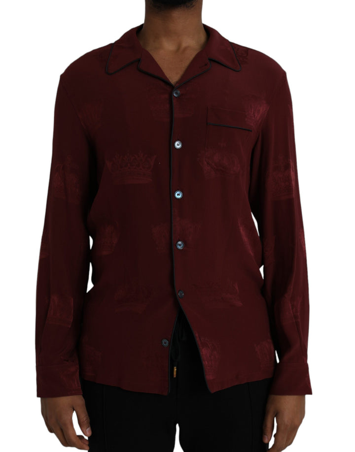 Chestnut brown long-sleeved silk jacquard shirt with crown pattern