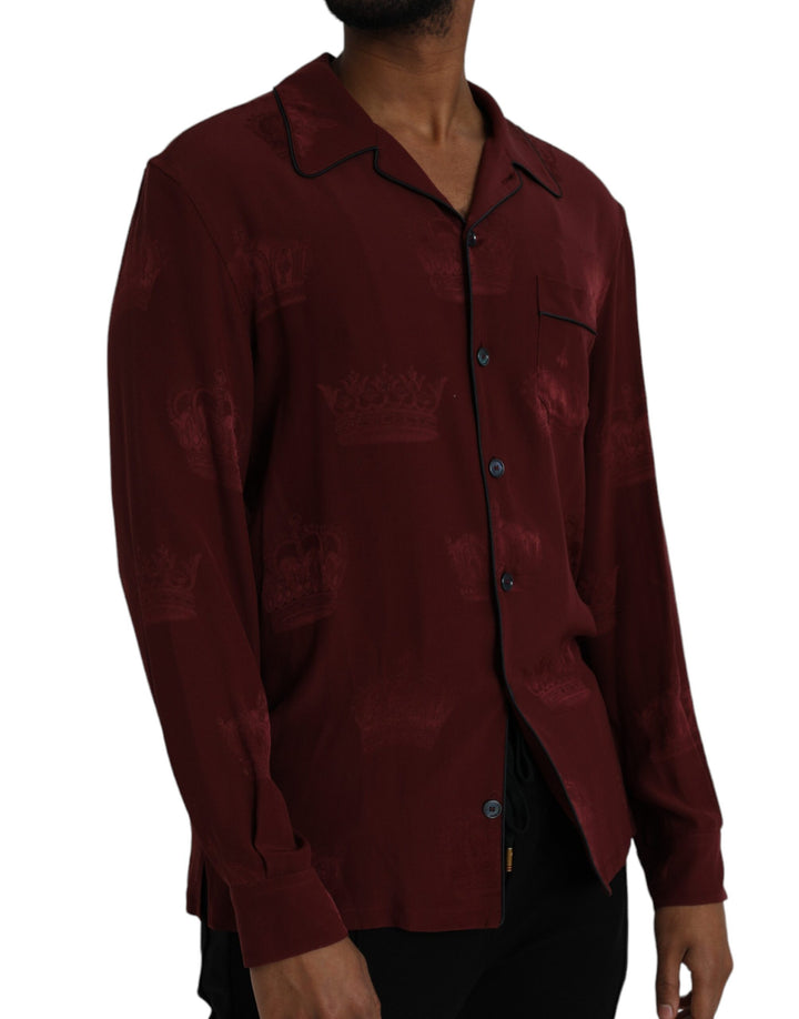 Chestnut brown long-sleeved silk jacquard shirt with crown pattern