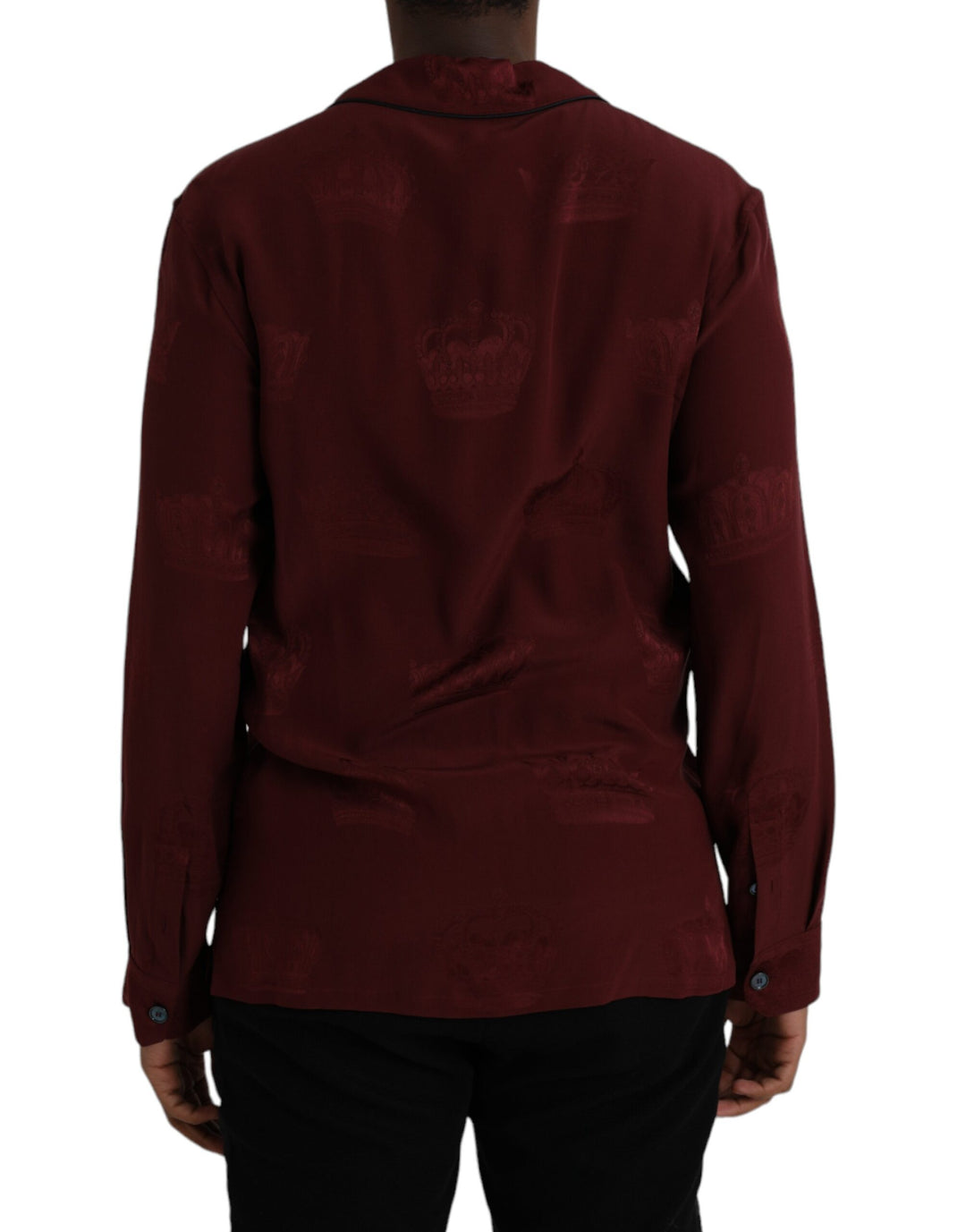 Chestnut brown long-sleeved silk jacquard shirt with crown pattern