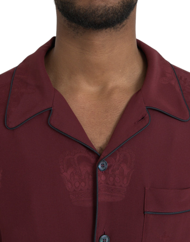 Chestnut brown long-sleeved silk jacquard shirt with crown pattern
