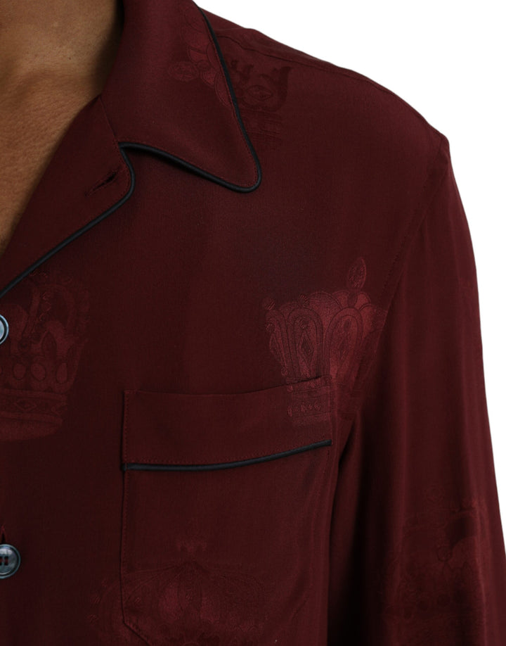 Chestnut brown long-sleeved silk jacquard shirt with crown pattern