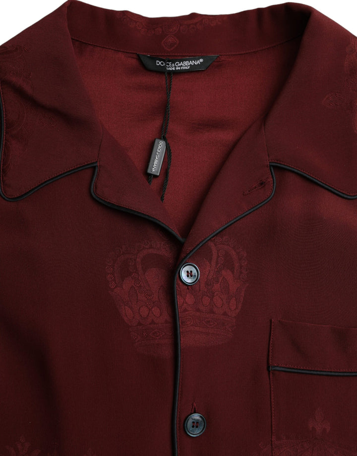 Chestnut brown long-sleeved silk jacquard shirt with crown pattern
