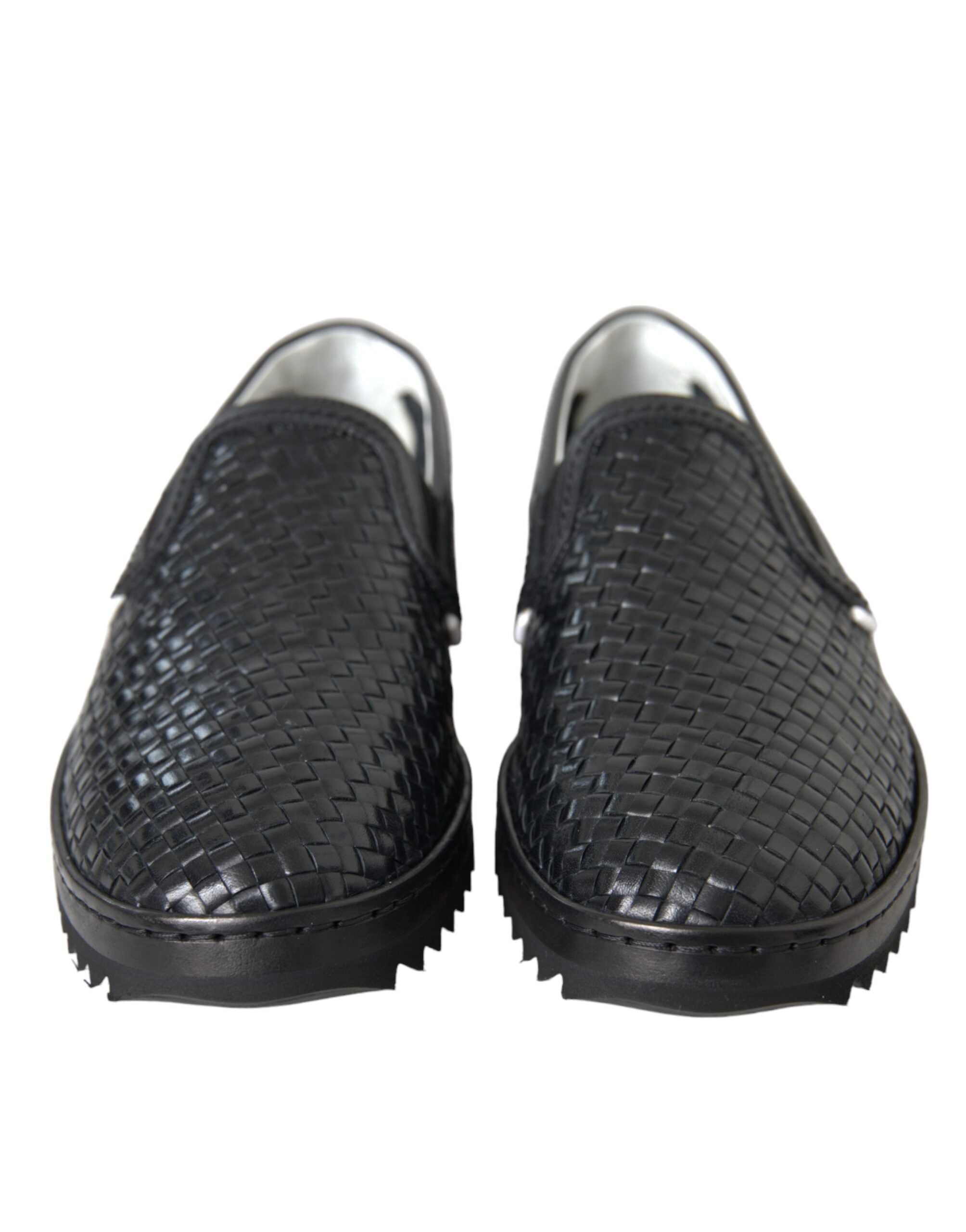 Black woven buffalo leather men's loafers shoes