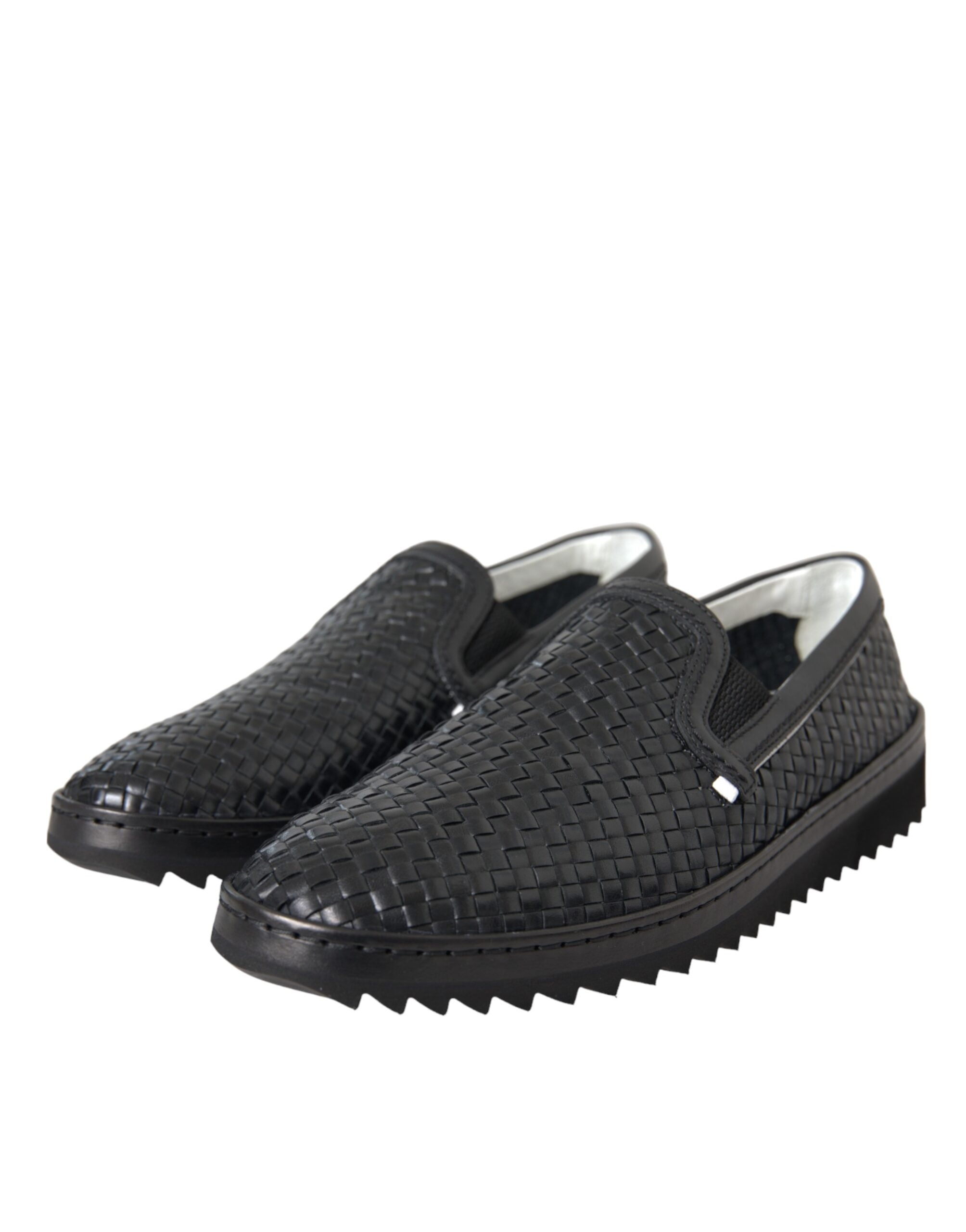 Black woven buffalo leather men's loafers shoes