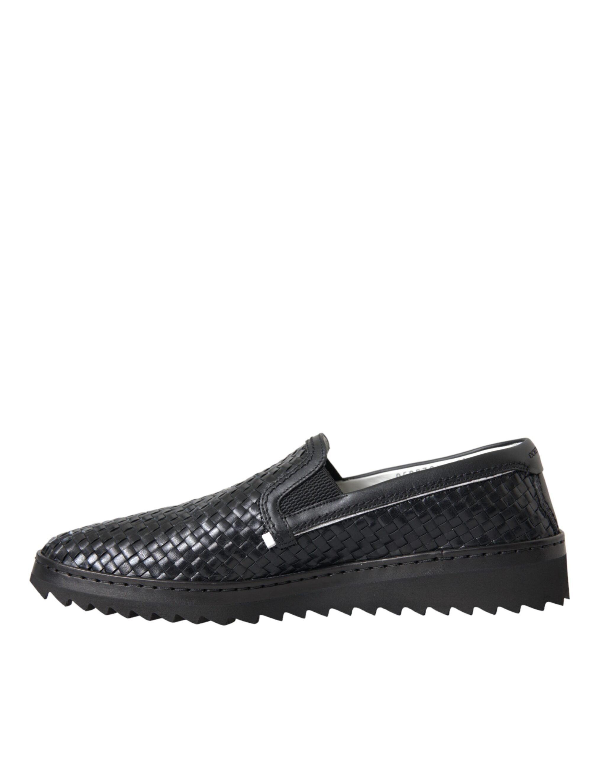 Black woven buffalo leather men's loafers shoes