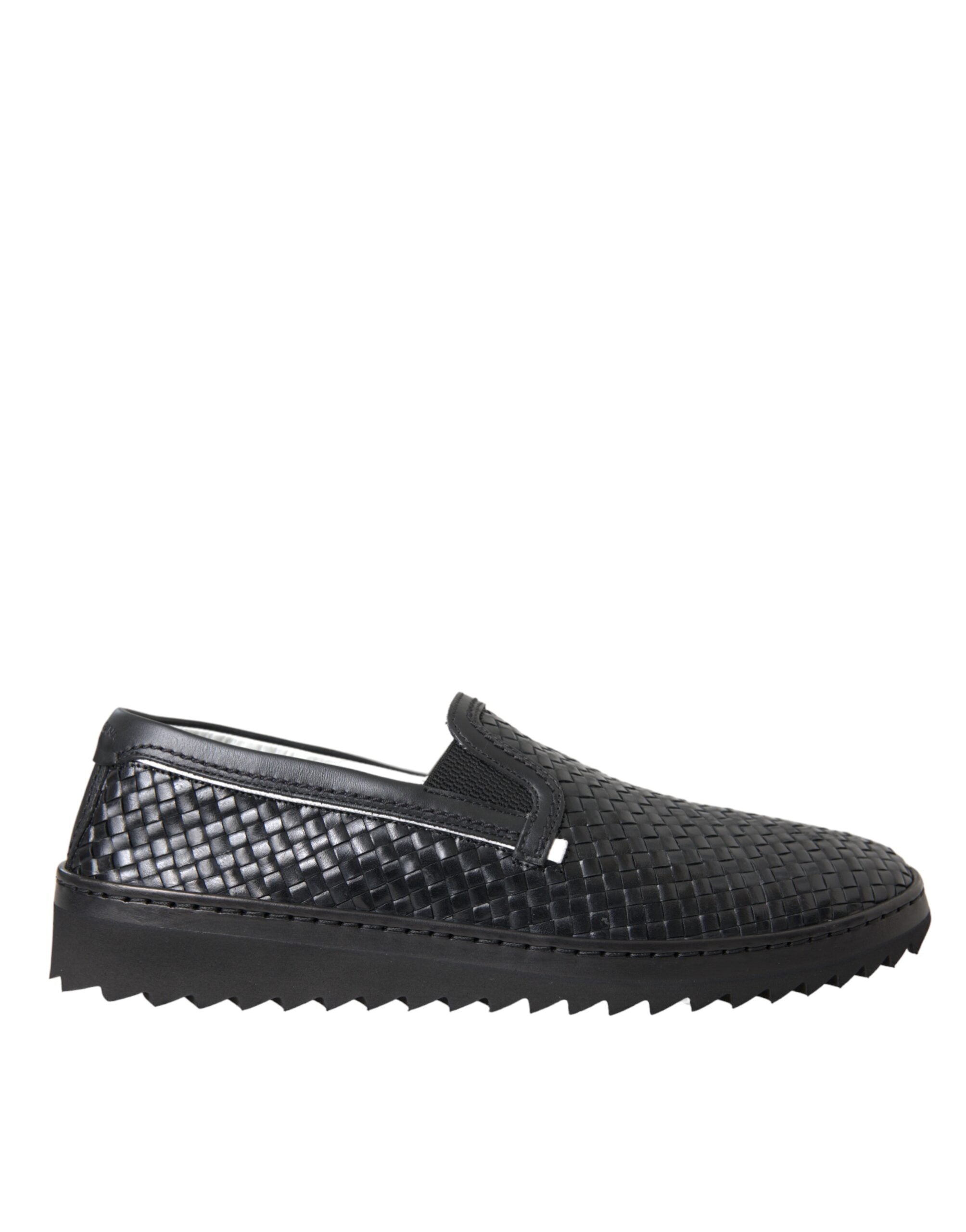 Black woven buffalo leather men's loafers shoes
