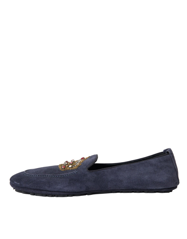 Dolce & Gabbana Blaue Leder Wildleder Crystal Crown Loafers Schuhe