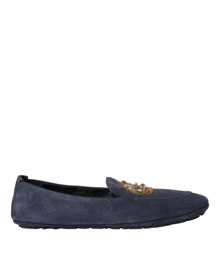 Dolce & Gabbana Blaue Leder Wildleder Crystal Crown Loafers Schuhe