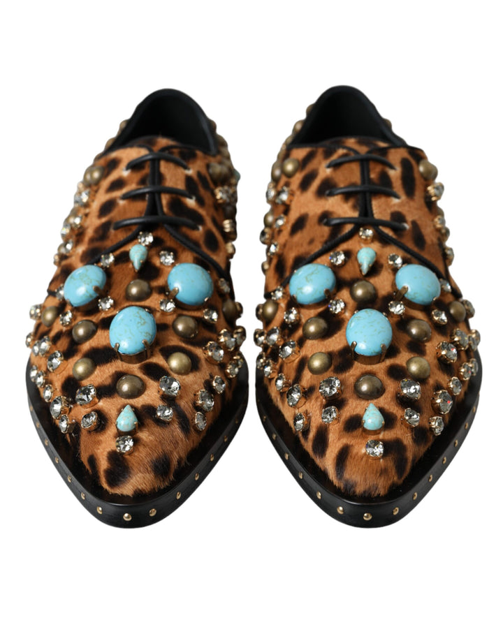 Dolce & Gabbana Braune Leopardenhaar-Kristallkleider Broque-Schuhe