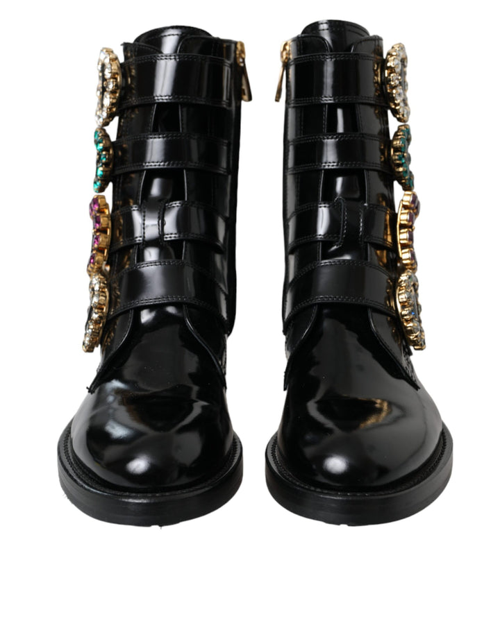 Dolce & Gabbana Schwarz Leder Kristall Schnallen Stiefel Schuhe