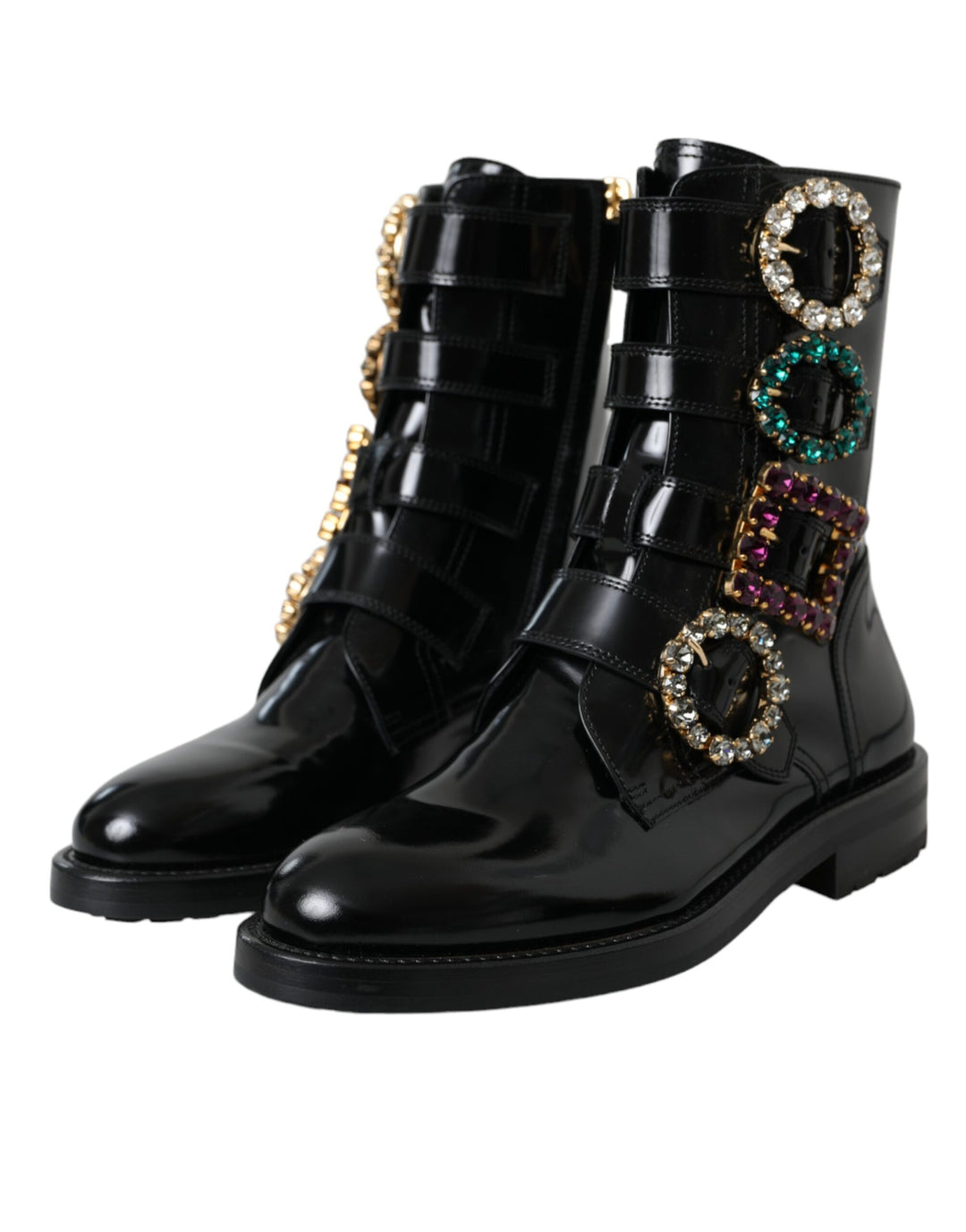 Dolce & Gabbana Schwarz Leder Kristall Schnallen Stiefel Schuhe