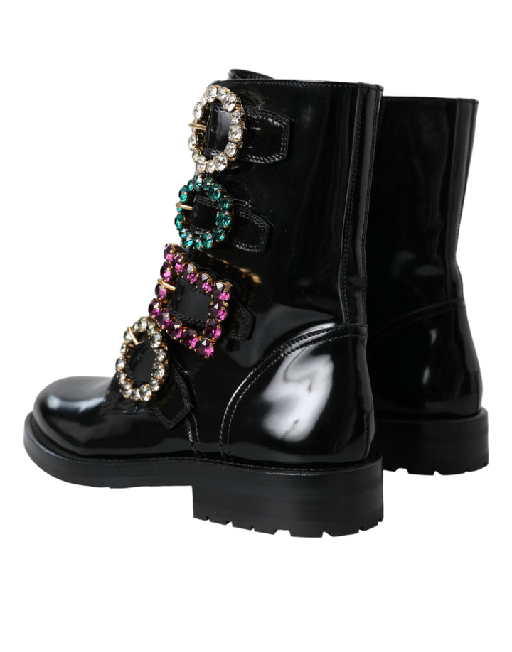 Dolce & Gabbana Schwarz Leder Kristall Schnallen Stiefel Schuhe