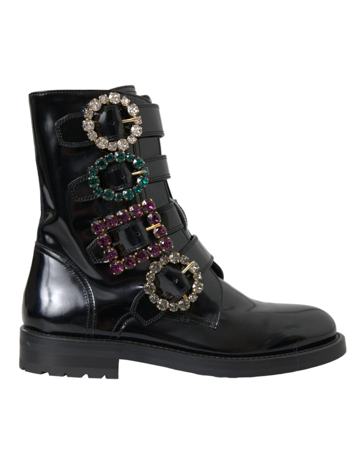 Dolce & Gabbana Schwarz Leder Kristall Schnallen Stiefel Schuhe