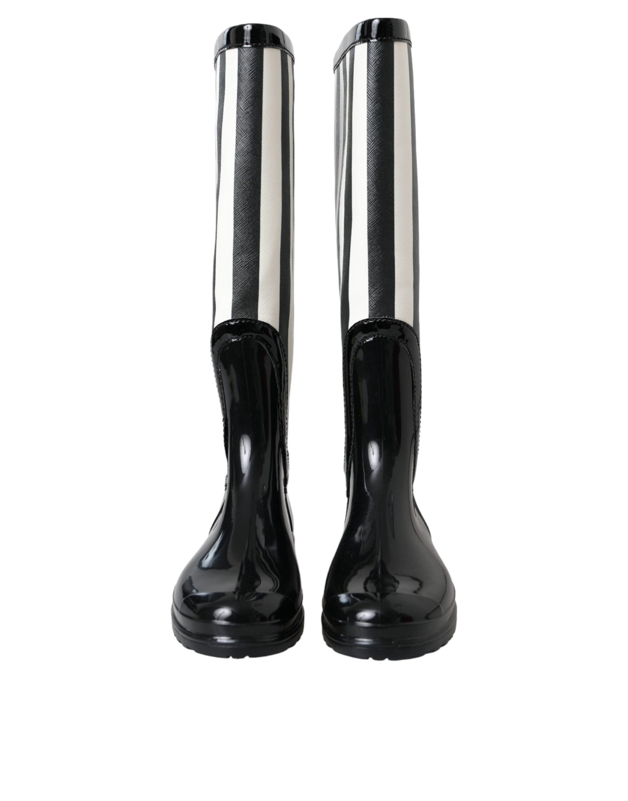 Schwarze kniehohe flache Gummistiefel Schuhe