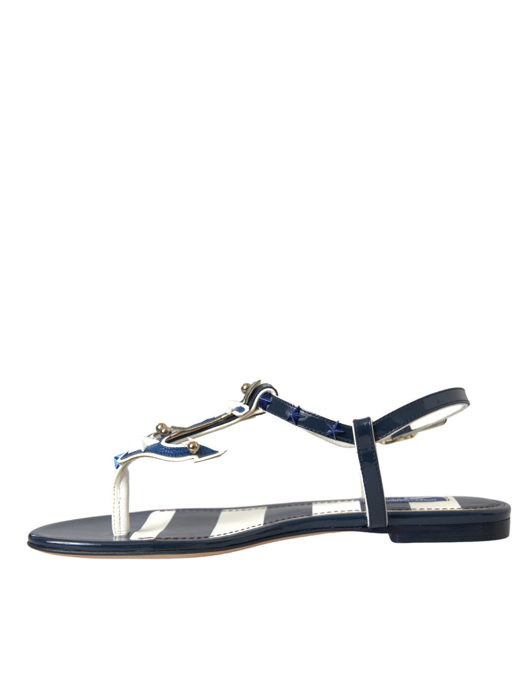 Dolce & Gabbana Blaue Streifen Leder Nieten Flats Sandalen Schuhe