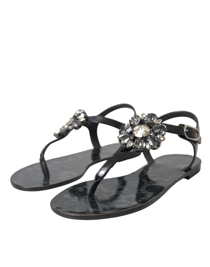 Dolce & Gabbana Schwarz Kristall Flats Sandalen Flip Flops Schuhe