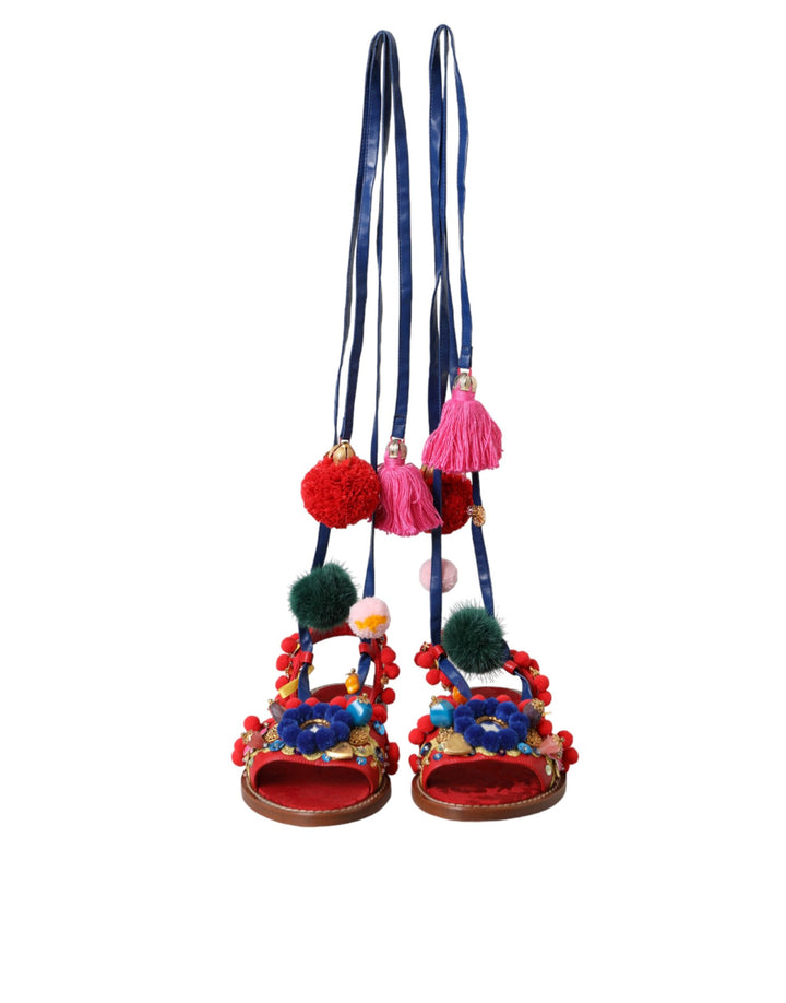 Dolce & Gabbana Multicolor Pom Pom Pelz Wrap Sandalen Schuhe