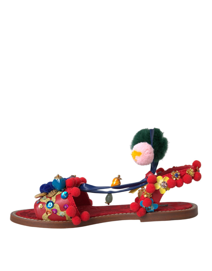 Dolce & Gabbana Multicolor Pom Pom Pelz Wrap Sandalen Schuhe