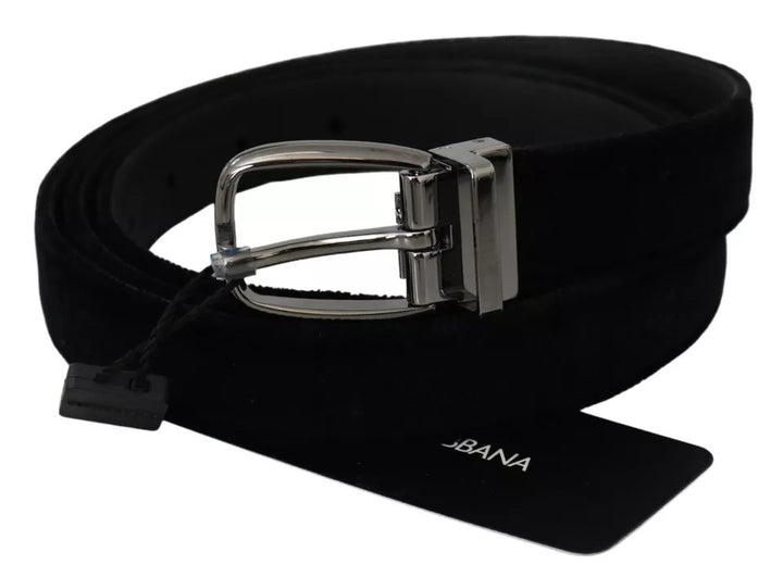 Black velvet with silver metal buckle men's belt