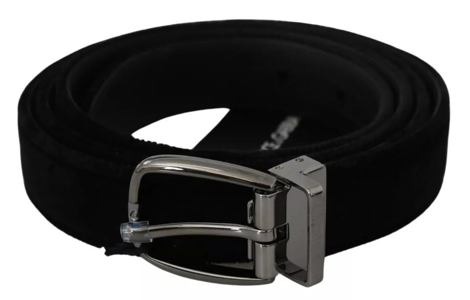 Black velvet with silver metal buckle men's belt