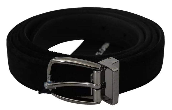 Black velvet with silver metal buckle men's belt