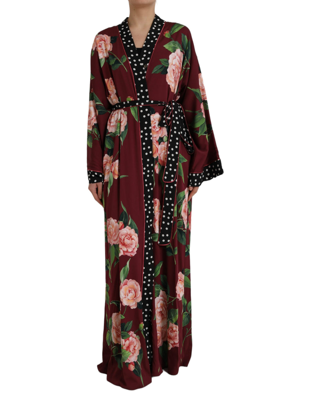 Dolce & Gabbana Bordeauxfarbenes Maxi-Kaftan-Krepp-Robenkleid mit Blumenmuster