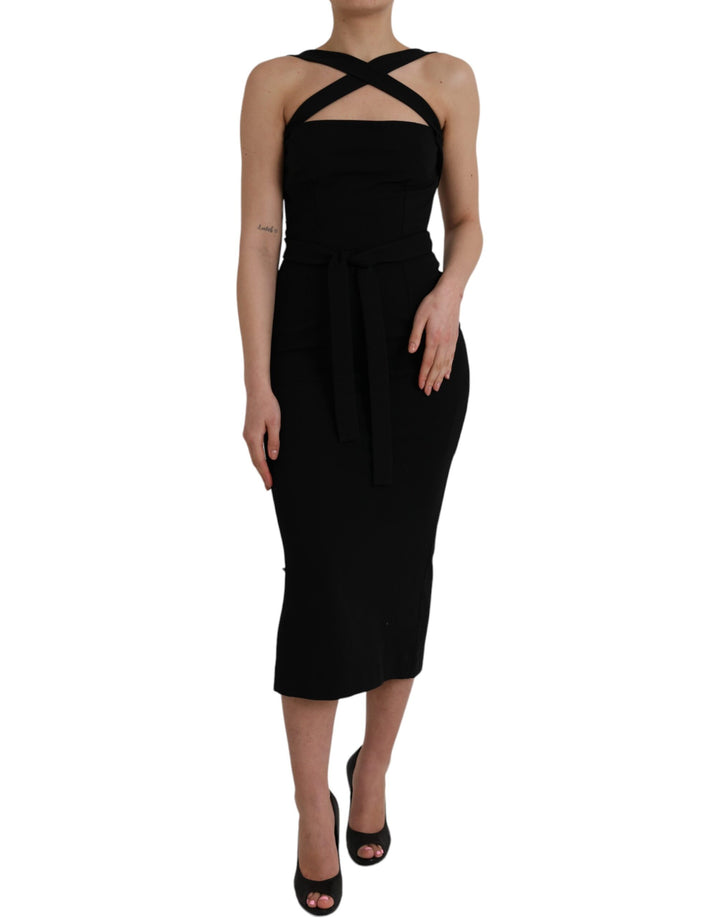 Black sleeveless midi dress with coat holder
