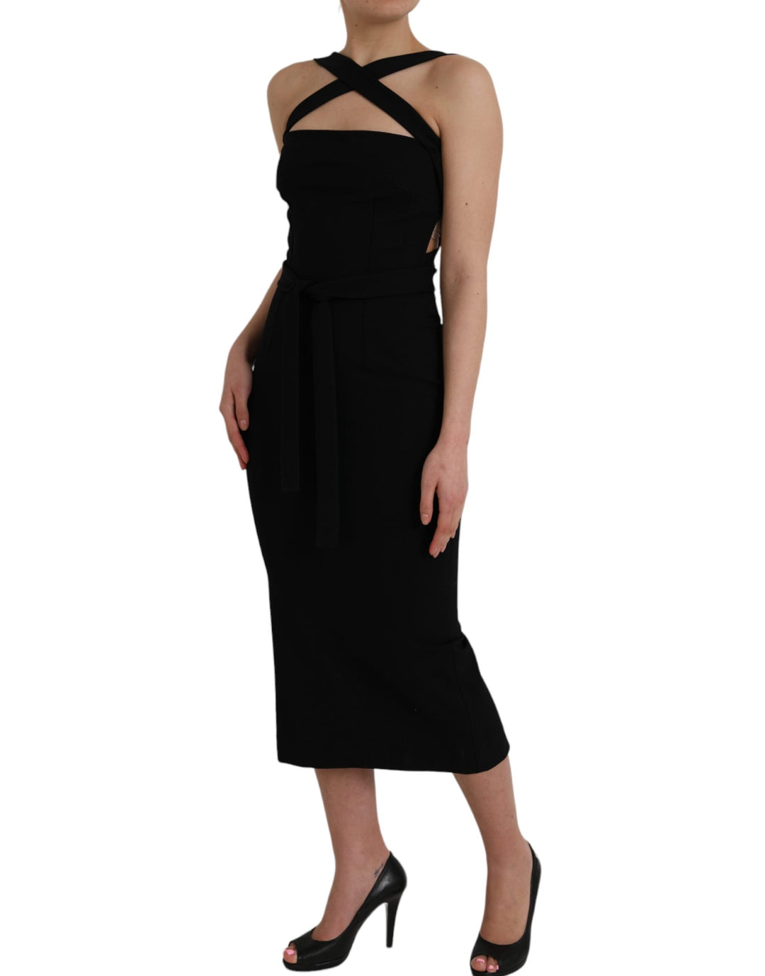 Black sleeveless midi dress with coat holder