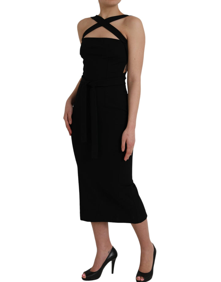 Black sleeveless midi dress with coat holder