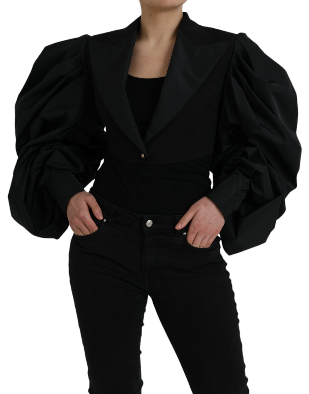 Black polyester jacket with puff sleeves and rolled sleeves