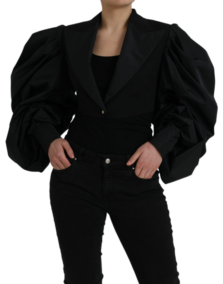 Black polyester jacket with puff sleeves and rolled sleeves