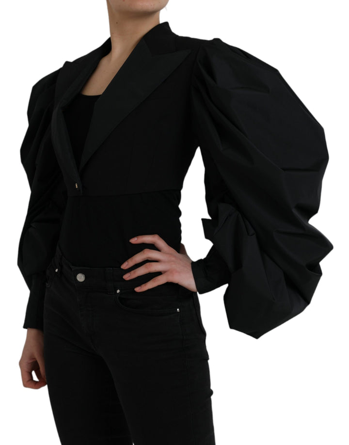 Black polyester jacket with puff sleeves and rolled sleeves