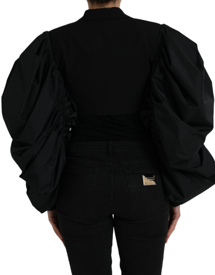 Black polyester jacket with puff sleeves and rolled sleeves