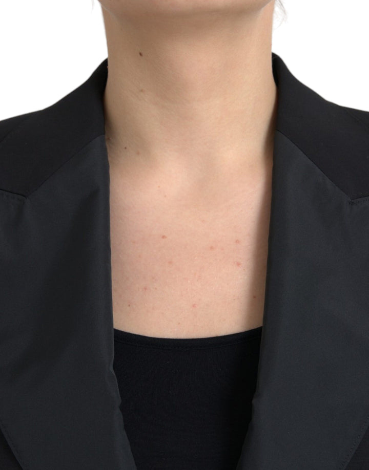 Black polyester jacket with puff sleeves and rolled sleeves
