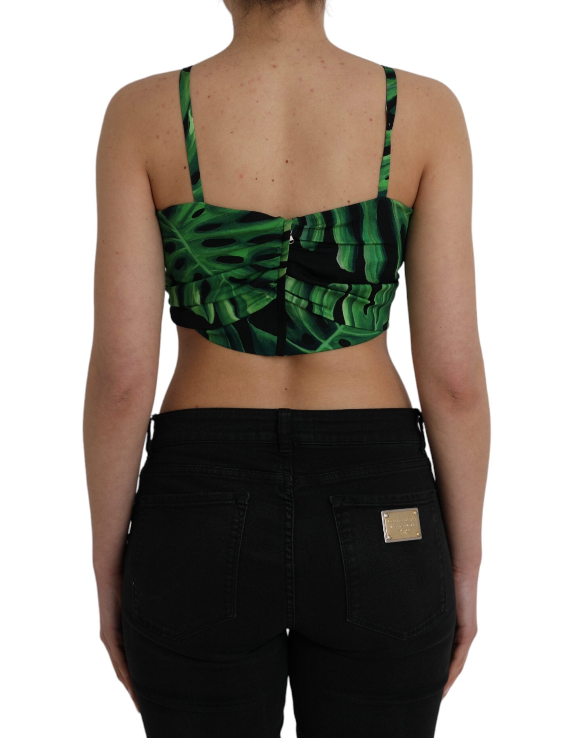 Black and green leaf silk halter top