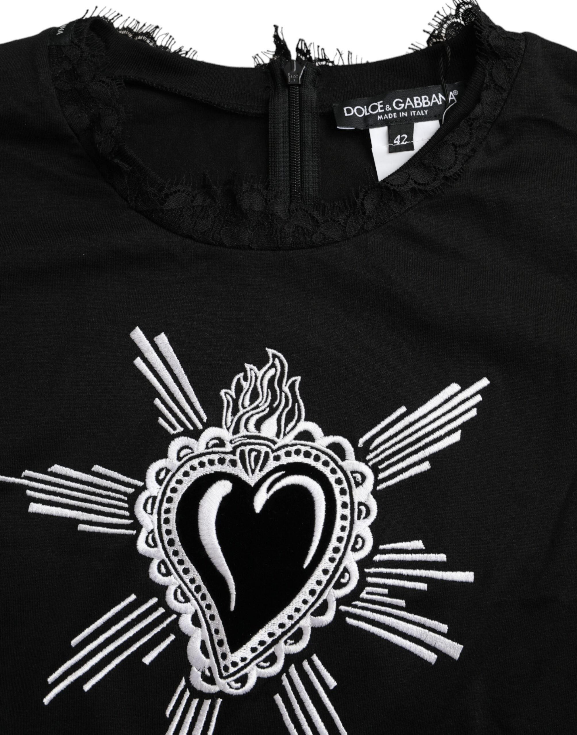 Black cotton lace T-shirt with Sacred Heart print