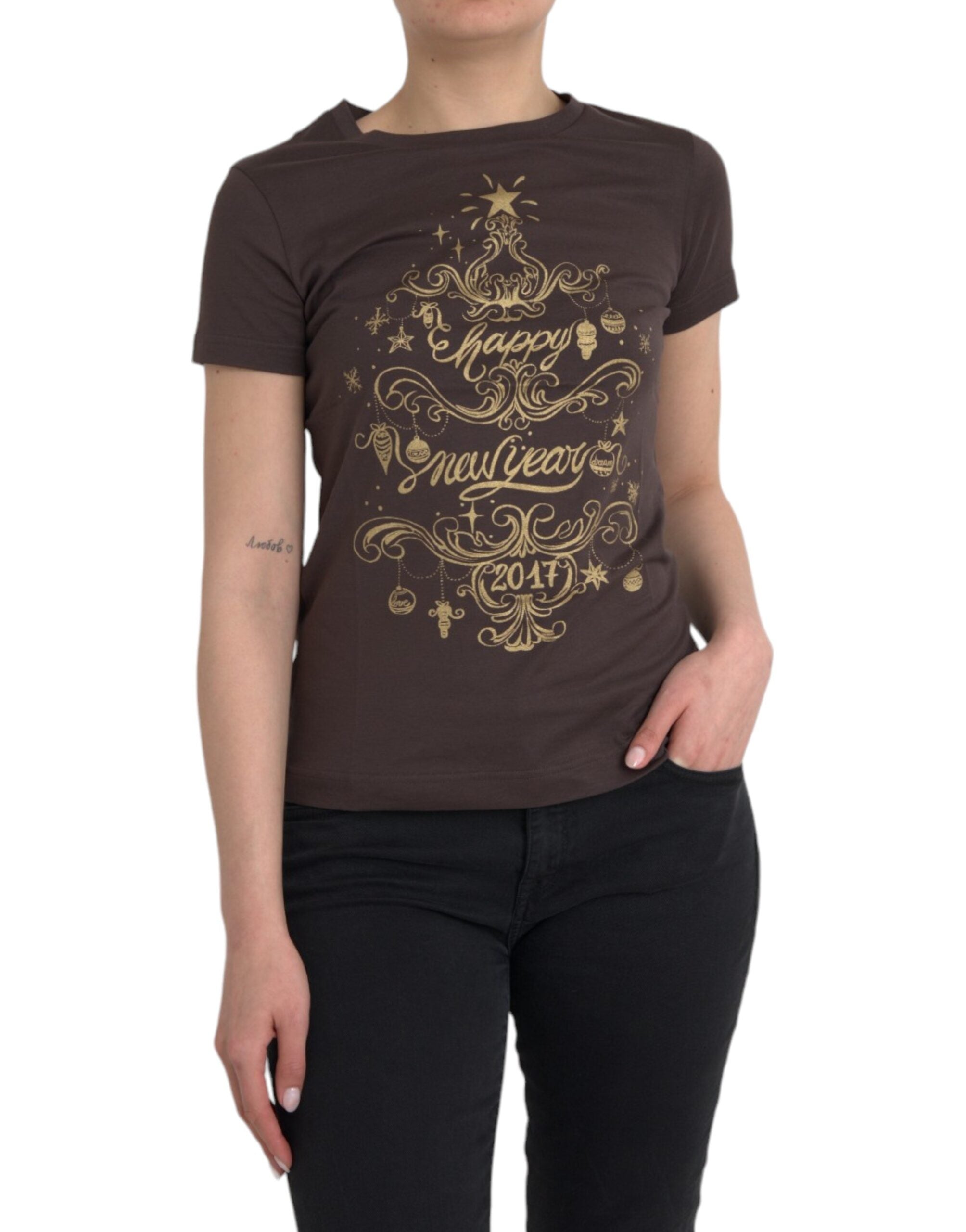 Brown round-neck T-shirt with motif print 2017