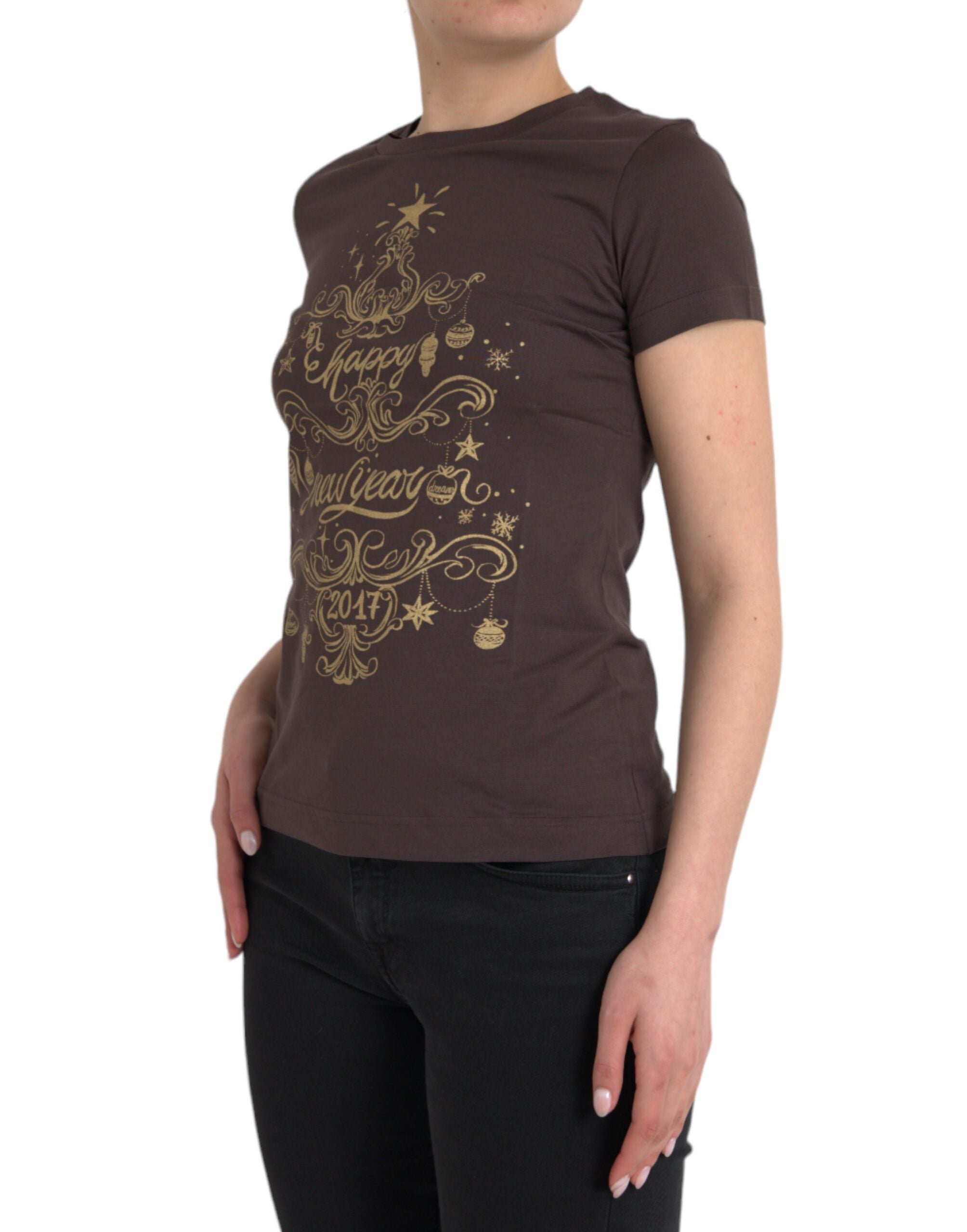 Brown round-neck T-shirt with motif print 2017