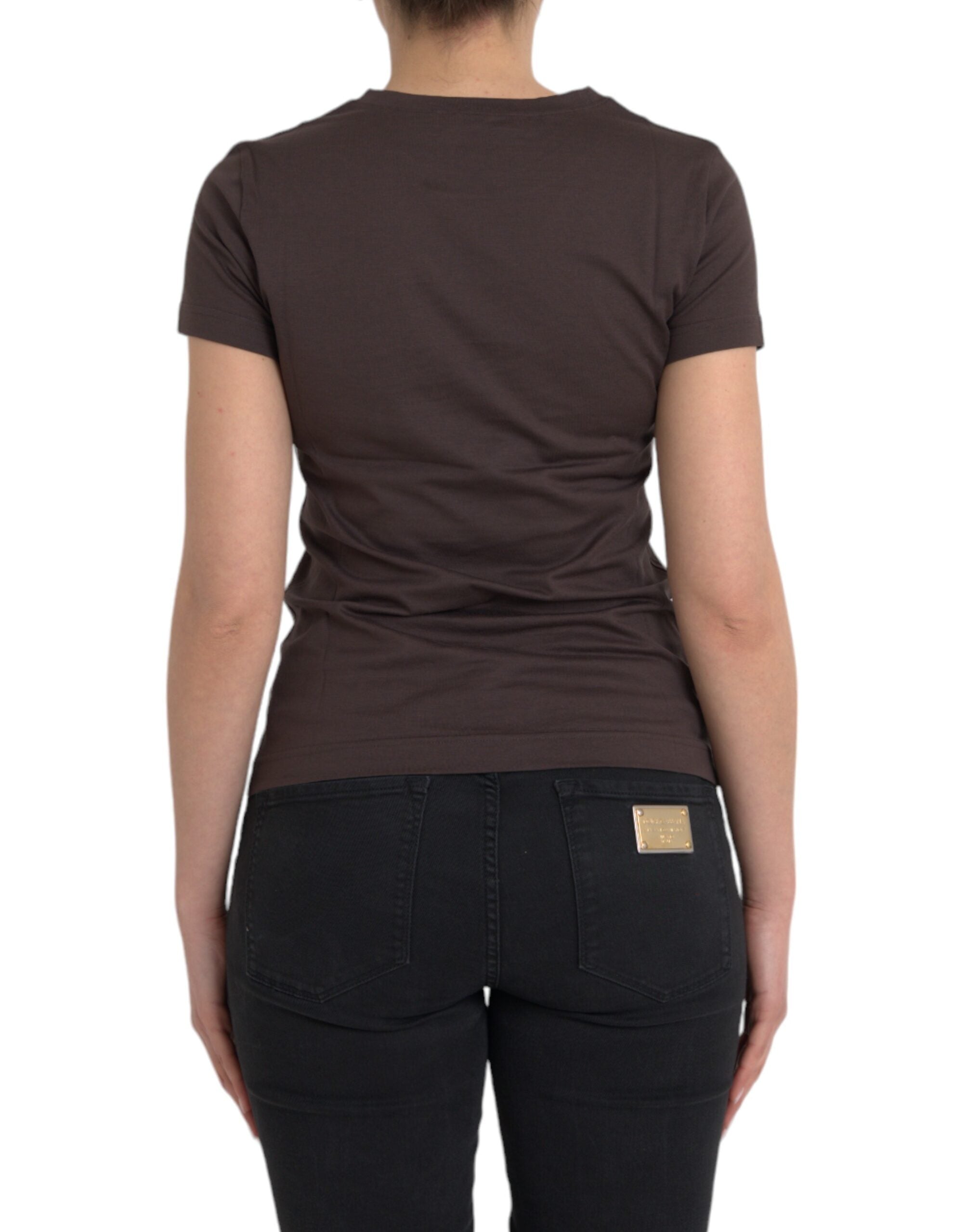 Brown round-neck T-shirt with motif print 2017