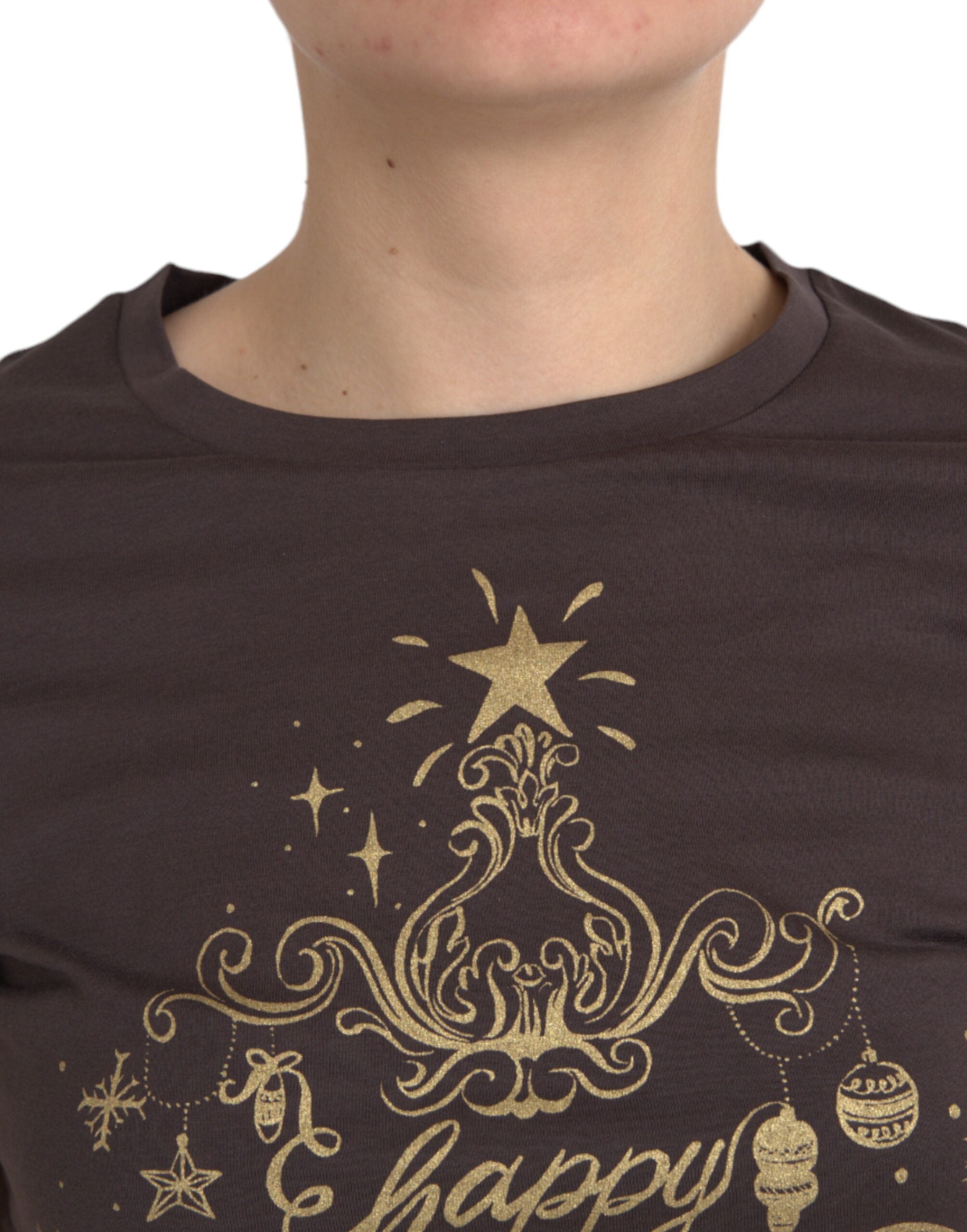 Brown round-neck T-shirt with motif print 2017