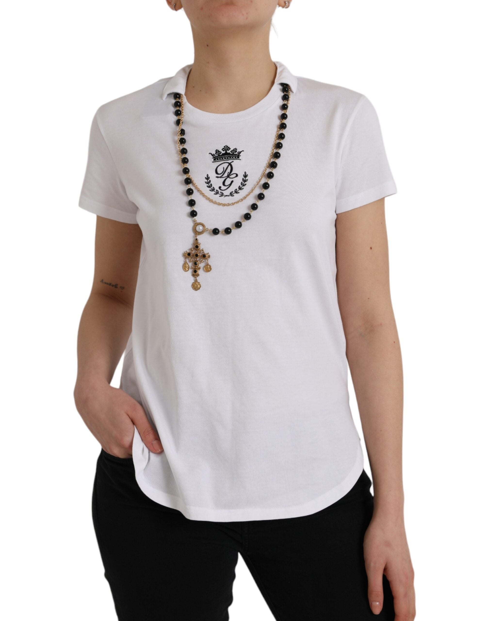 White cotton chain short sleeve T-shirt