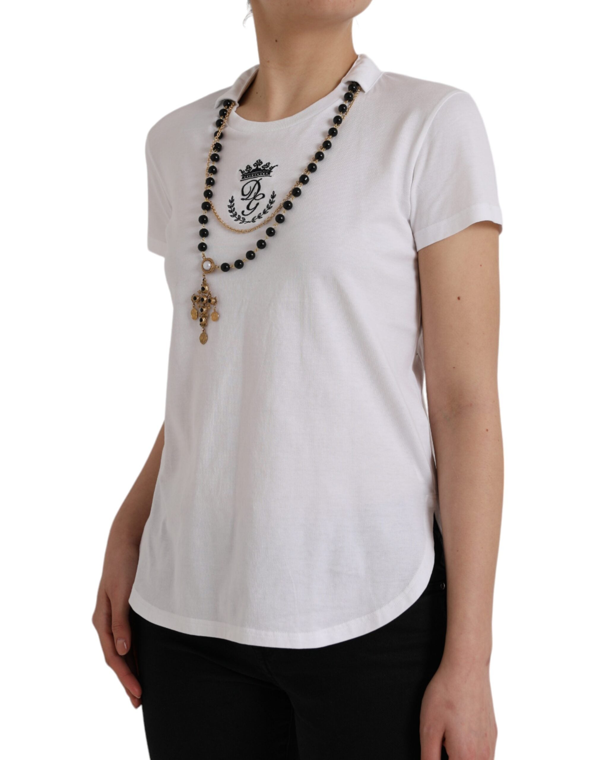 White cotton chain short sleeve T-shirt