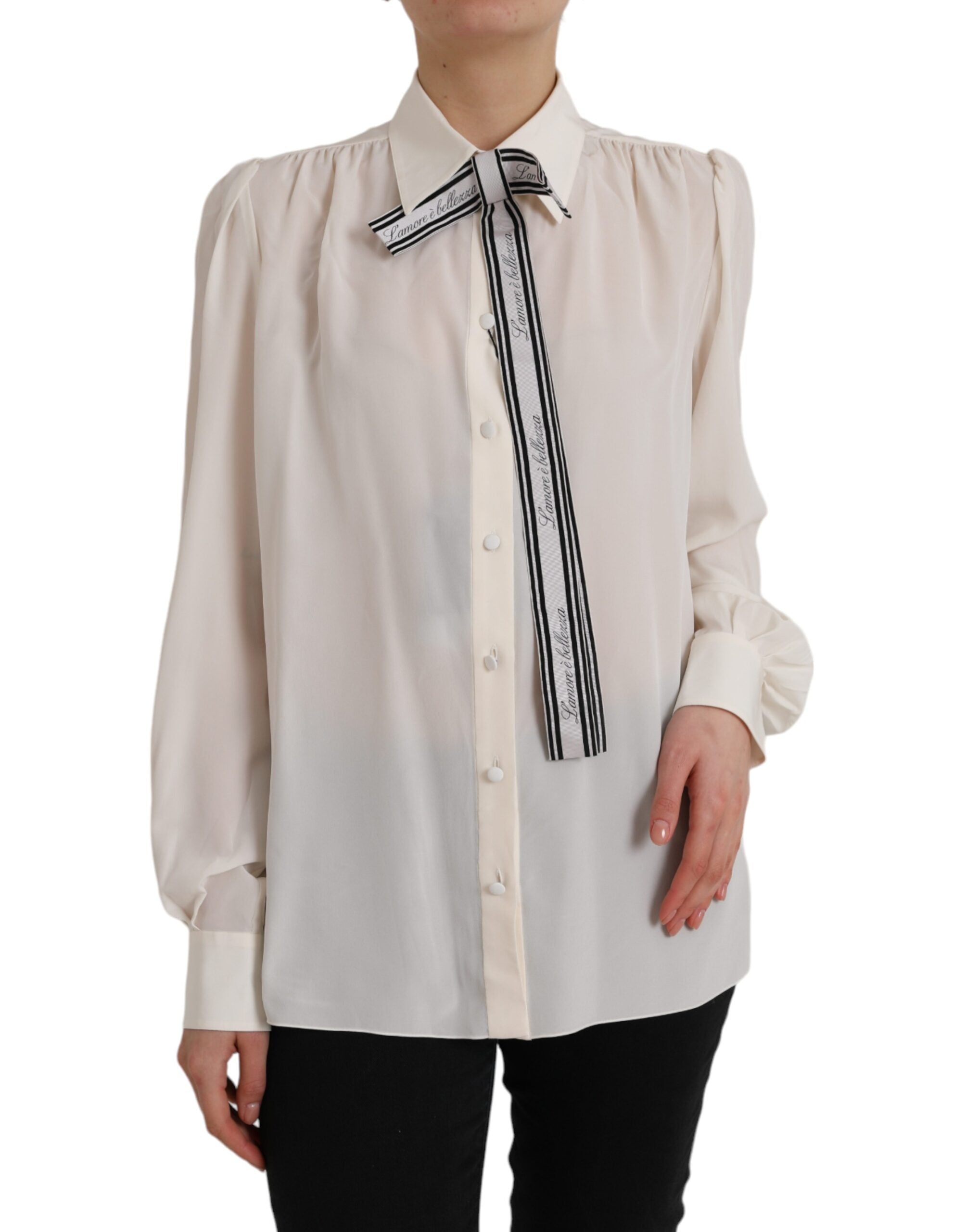 White long-sleeved blouse top with button placket